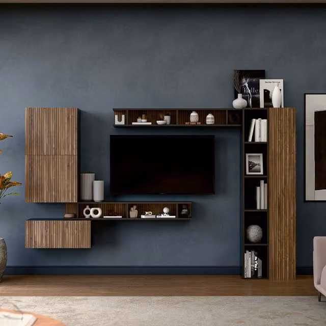 Decorotika Lucky Modern Wall Mounted Entertainment Center in Black and Alina Wood Finish