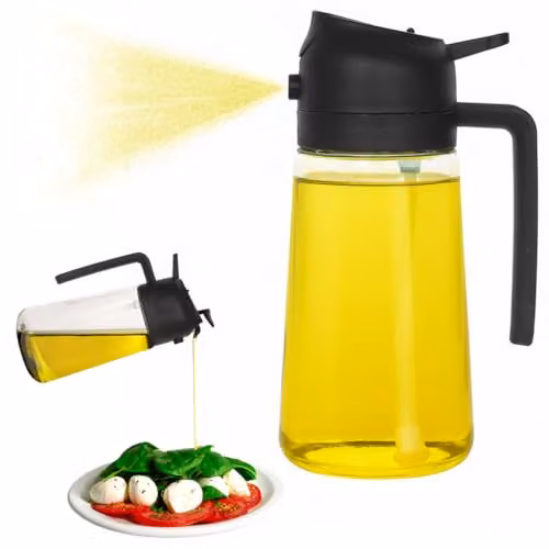 Argon Tableware 470ml 2-in-1 Glass Olive Oil Spray Bottle and Kitchen Dispenser in Transparent and Black – 1