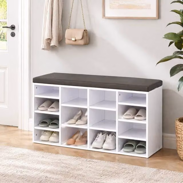 STILVORA White Shoe Rack with Synthetic Leather Cushion and 14 Compartments – 1