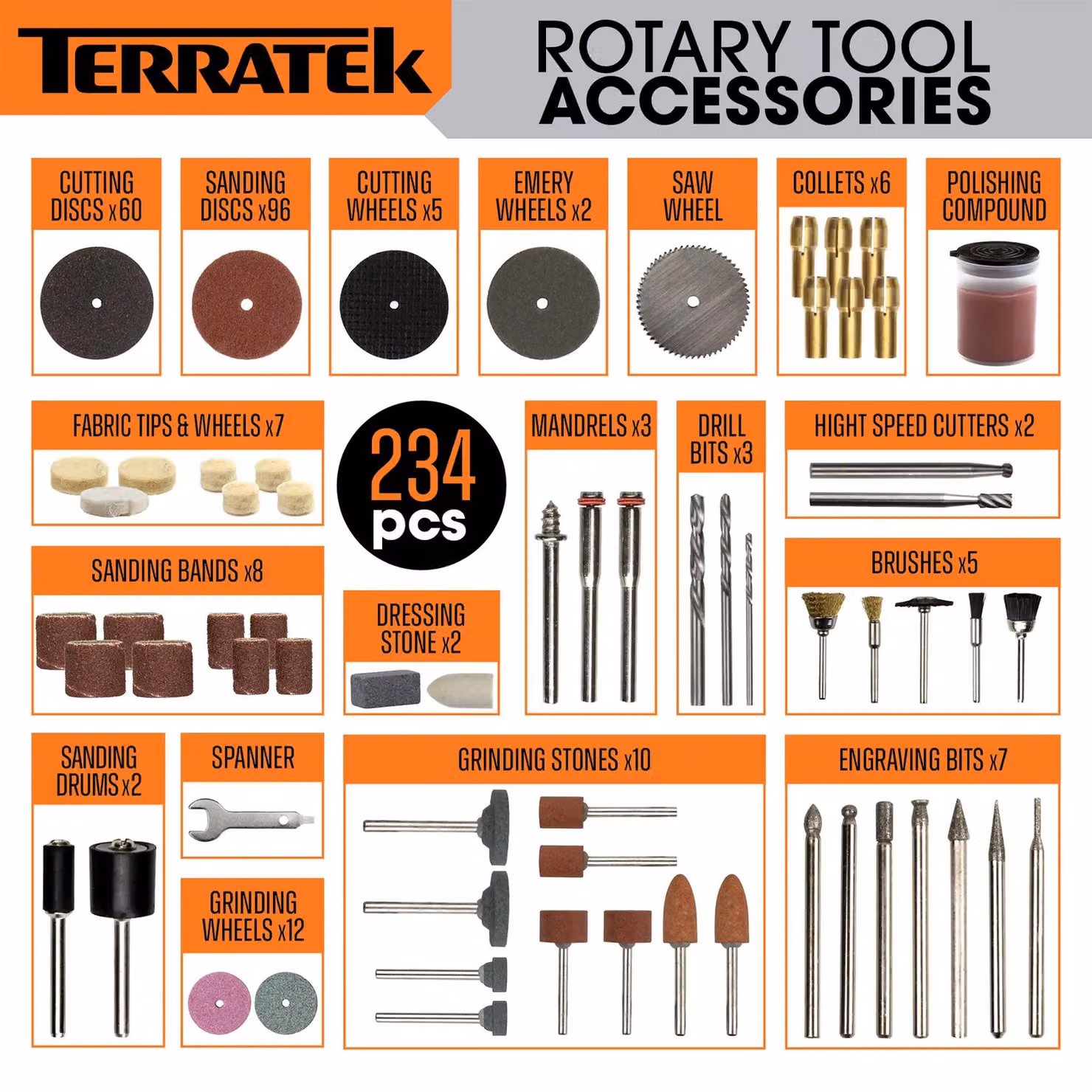 Terratek Corded Rotary Tool with 234pc Accessory Set, 135W Variable Speed, Orange and Grey – 5