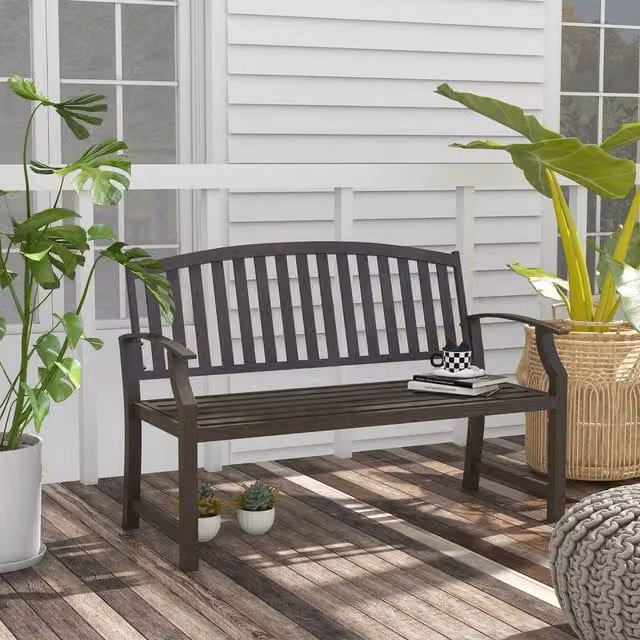 OUTSUNNY Brown Garden Bench with Slatted Seat, Backrest and Curved Armrests