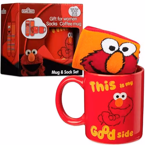 Get Trend Sesame Street Mug and Crew Socks Gift Set in Multicolour featuring Elmo and Cookie Monster, 340ml Ceramic Cup – 1