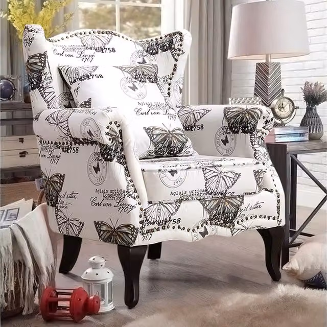 Livingandhome Retro Floral Pattern White Velvet Wingback Armchair