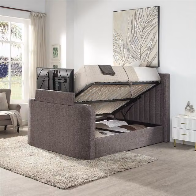 Home Source Riviera Grey Fabric King Size TV Bed Frame with Side Gas Lift Storage
