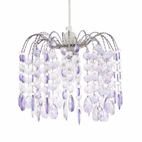 Happy Homewares Contemporary Waterfall Pendant Light Shade with Lilac and Clear Acrylic Droplets and Chrome Metal Frame