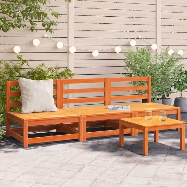 Berkfield Home 3-Piece Armless Garden Sofa Set in Wax Brown Solid Pine, W/D/H: 70 x 70 x 67 cm