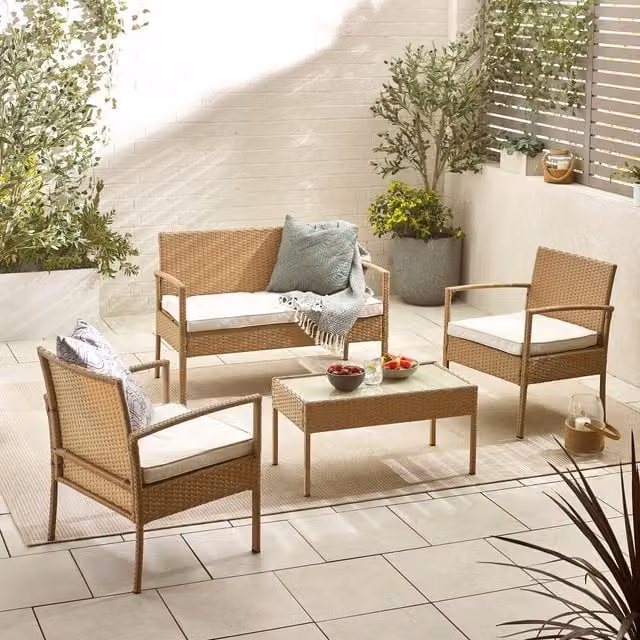 Furniturebox Porto 4 Seat Outdoor Rattan Lounge Set with 2 Seater Sofa, Armchairs and Coffee Table in Beige and Grey