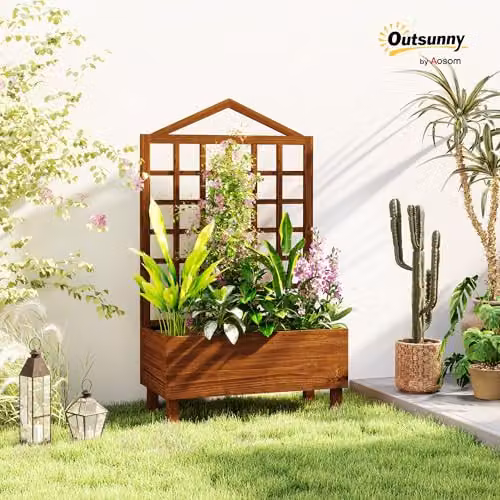 Outsunny Wooden Raised Bed Planter with Trellis for Climbing Plants, Brown, H x W x D: 150 x 90 x 43 cm – 2