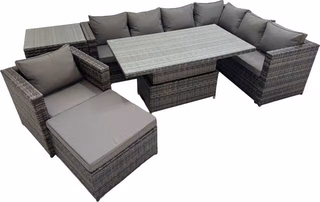 Fimous 8 Seater Rattan Corner Sofa Set with Chair, Stools and Side Table in Dark Grey