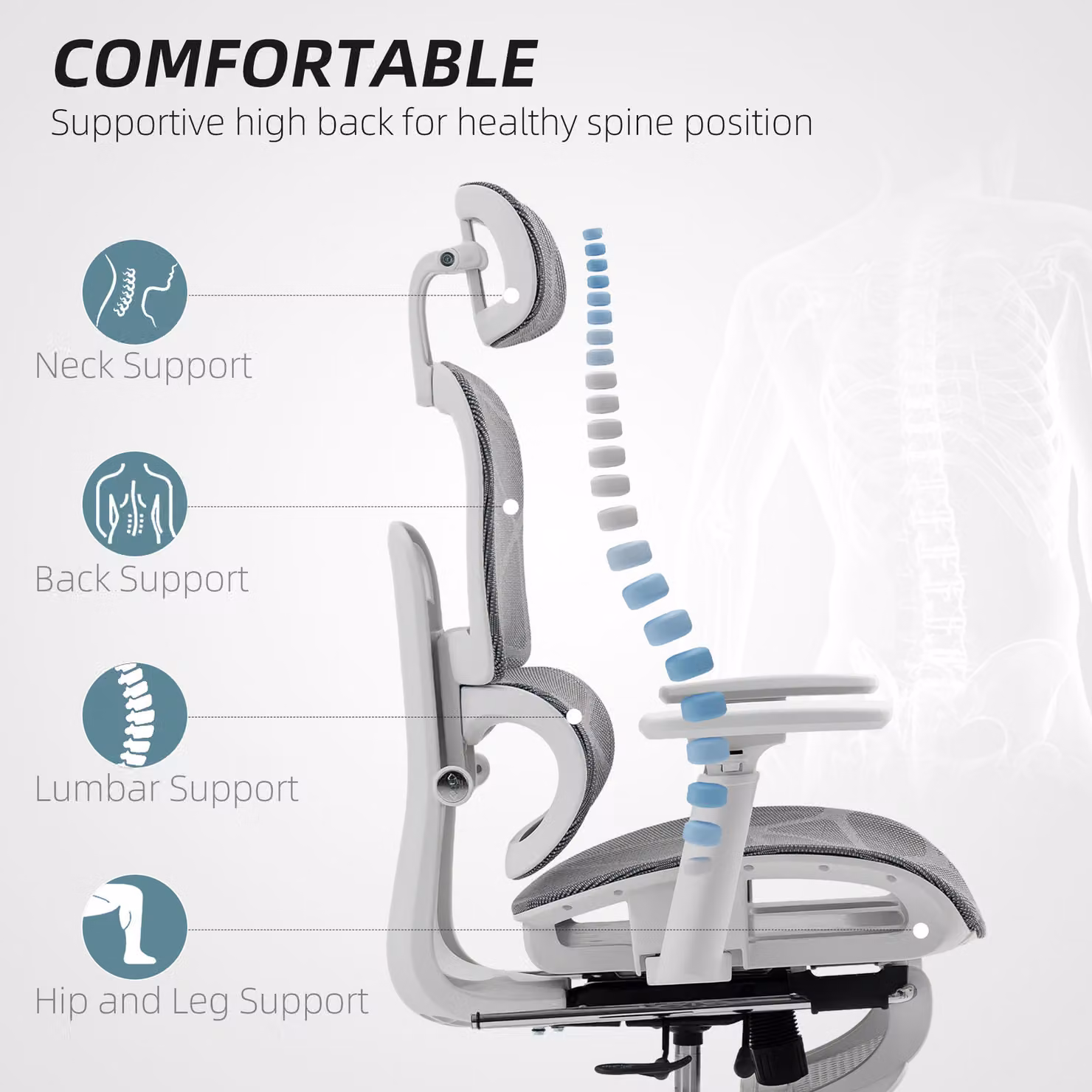 HOMCOM Ergonomic Multi-Adjustable Mesh Office Chair with Headrest and Seat Depth Adjustment in Grey and White – 3