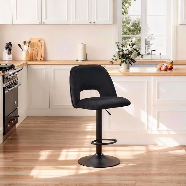 SONARA Modern Black Swivel Bar Stool with Upholstered Fabric Seat and Metal Frame