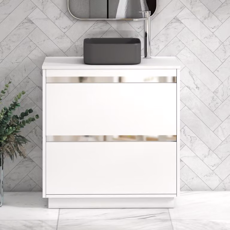 Royal Bathrooms Orion 800mm Matt White Floor Standing 2 Drawer Vanity Unit with Art Square Basin and Chrome Accent Trim