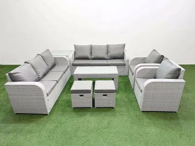 Fimous PE Rattan High Back Lounge Sofa Set in Light Grey with 3 Seater Sofa, Reclining Chair, Stools, Oblong Coffee Table and Side Table