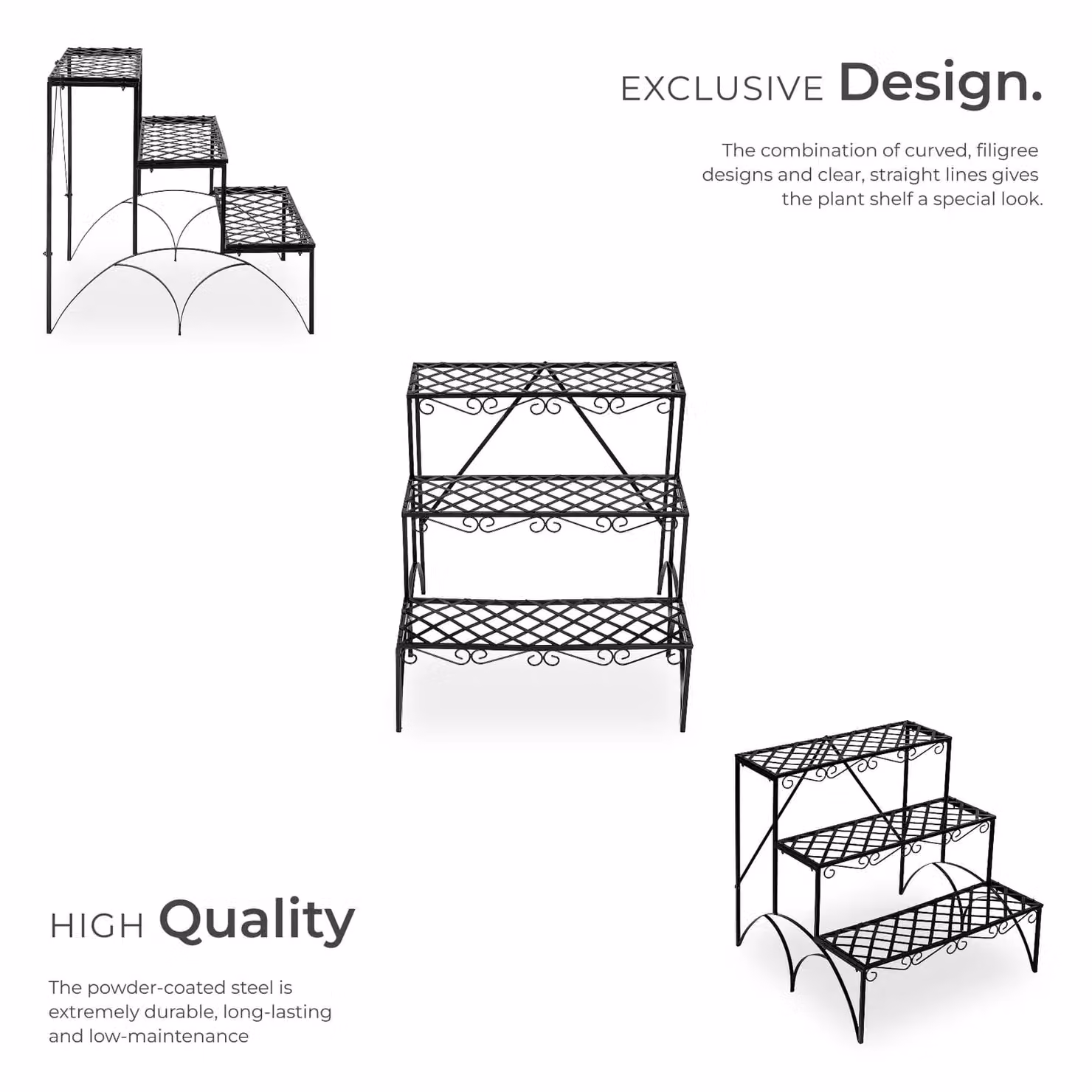 tectake 3-Tier Metal Plant Stand in Matt Black, W/D/H: 60 x 60 x 60 cm – 4