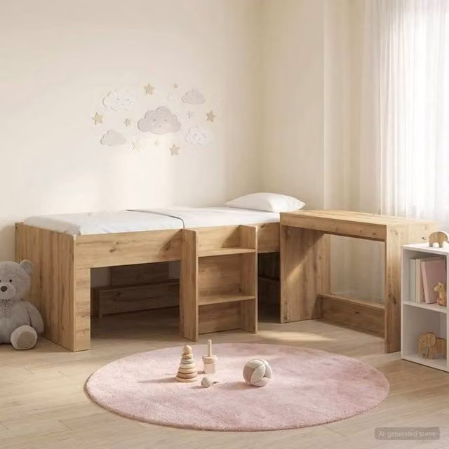 Berkfield Home Kids High Bed Frame with Desk and Stairs in Artisan Oak Brown – 1