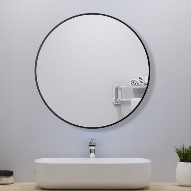 AicaBathroom Round Black Framed Hanging Wall Mirror, Diameter: 80 cm