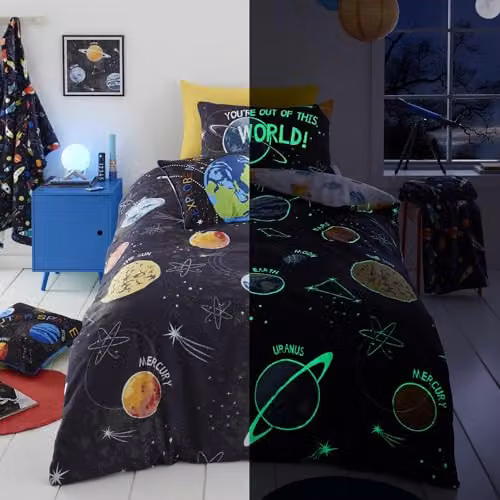 Bedlam Reversible Glow in the Dark Outer Space Duvet Cover and Pillowcase Set, Black, W/D/H: 200 x 200 cm – 1