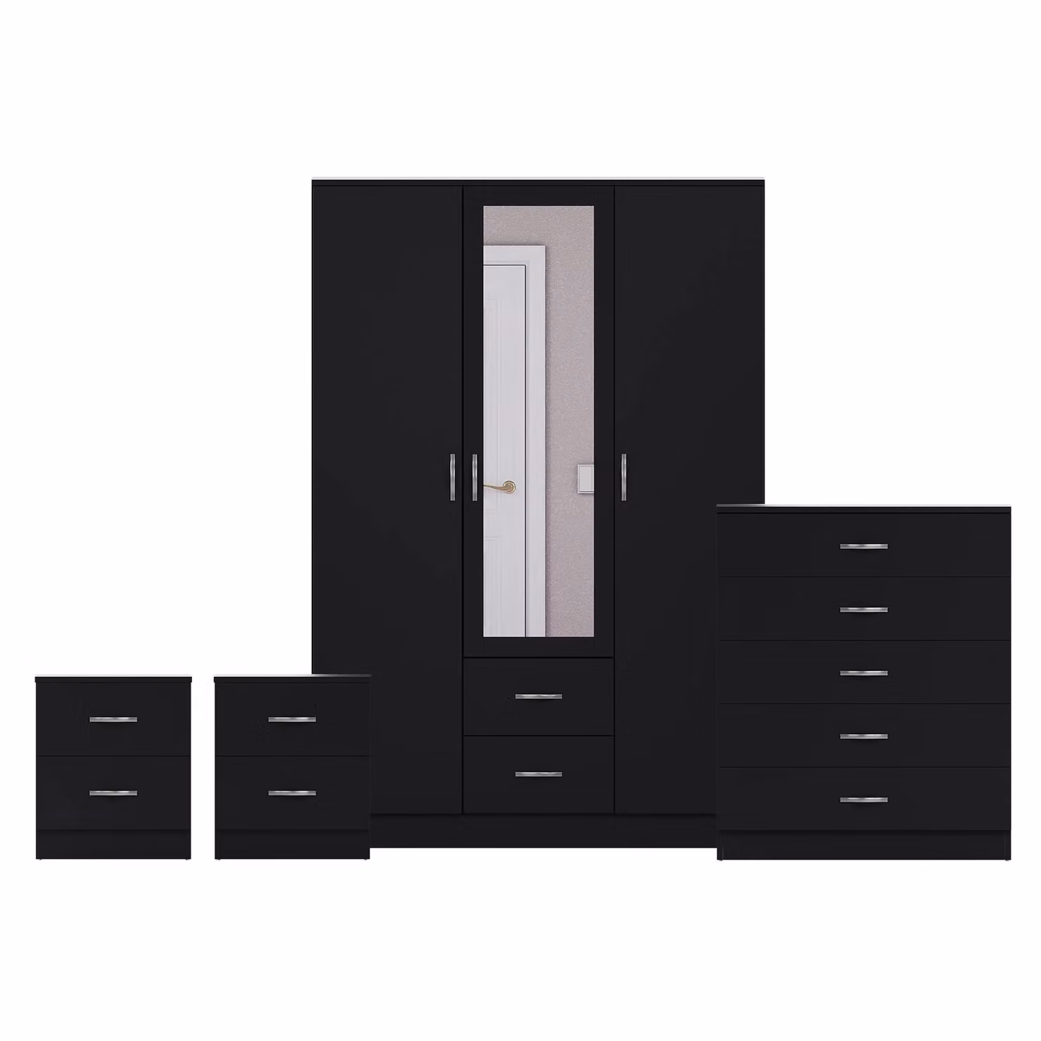 Vida Designs 4 Piece Modern Black Bedroom Set Including 2 Bedside Tables, 5 Drawer Chest and 3 Door Mirror Wardrobe – 2