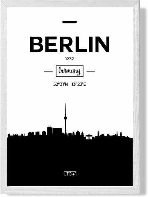 ARTZE Berlin Black and White City Skyline Framed Paper Poster Print with White Frame – 1