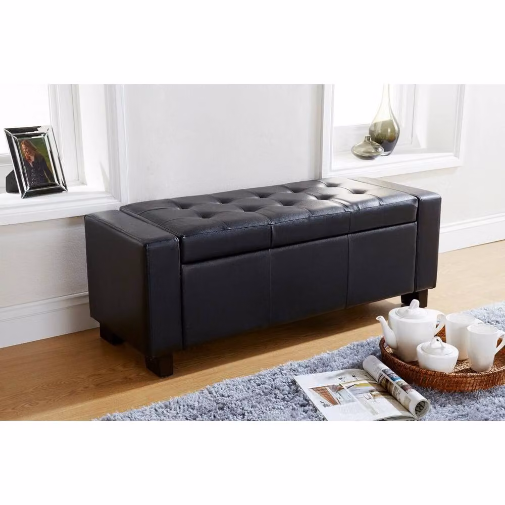 FORGEVIO Black Faux Leather Chesterfield Bench Seat Box with Storage – 2