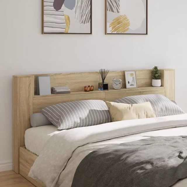 Berkfield Home LED Headboard Cabinet in Sonoma Oak Brown, W: 220 cm, D: 16.5 cm, H: 103.5 cm