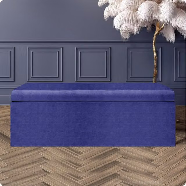 R&M Furnishers Large Naples Blue Velvet Upholstered Storage Ottoman Bench