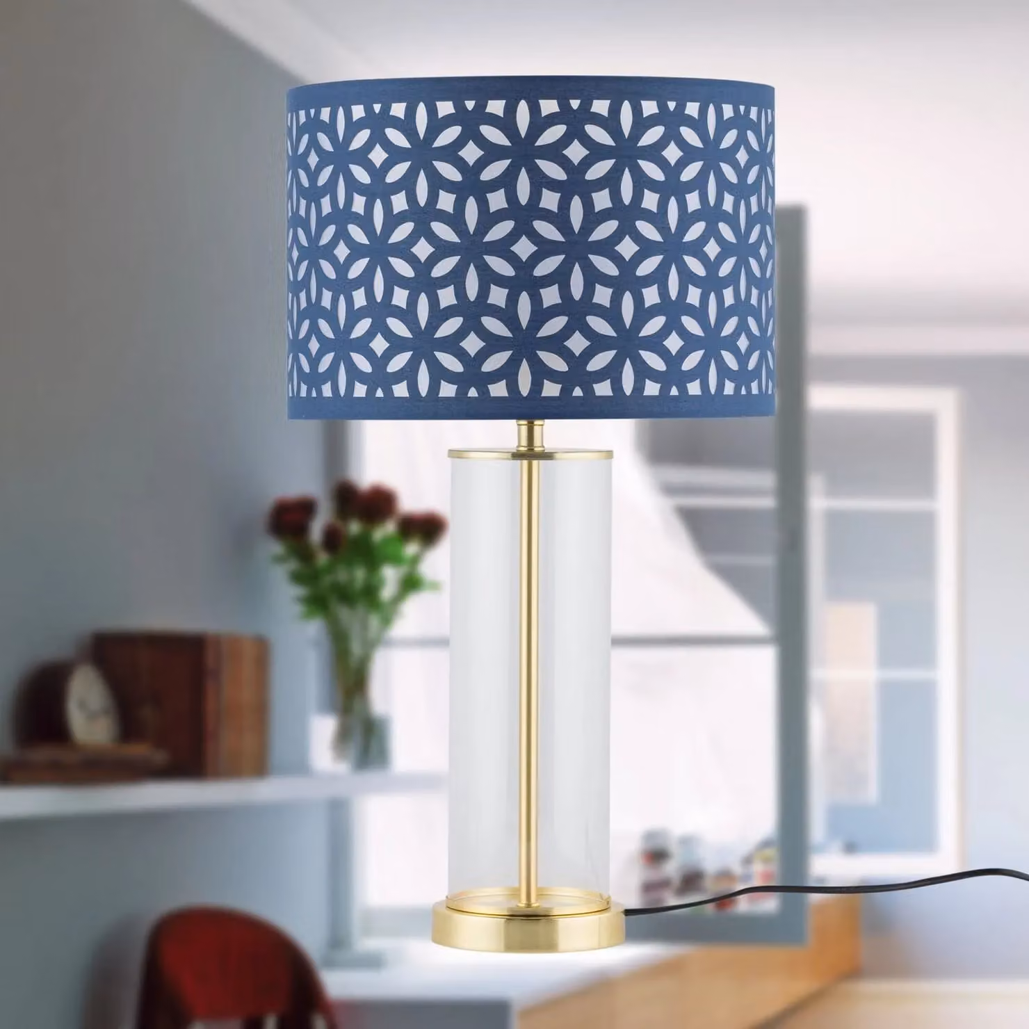 First Choice Lighting Aura Table Lamp in Satin Brass with Navy Blue Shade – 5