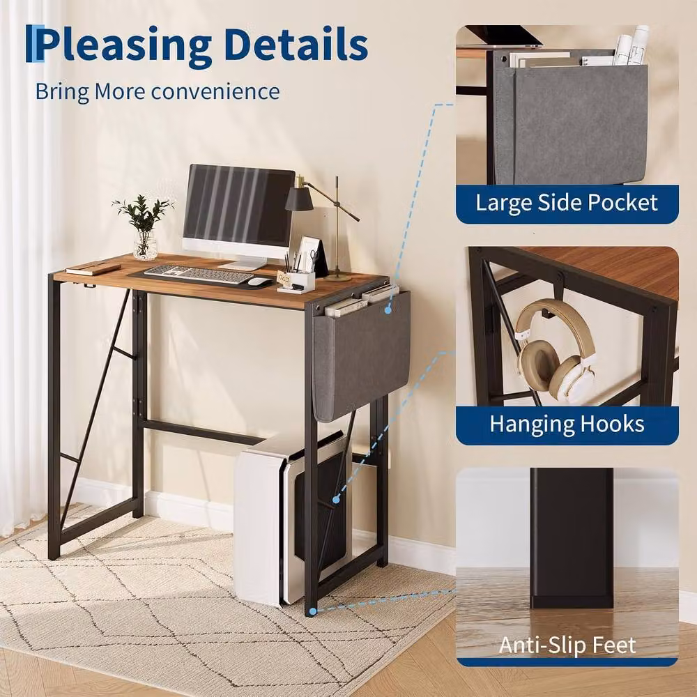 London Boutique Folding Computer Desk with Side Pocket and Hooks in Brown – 5