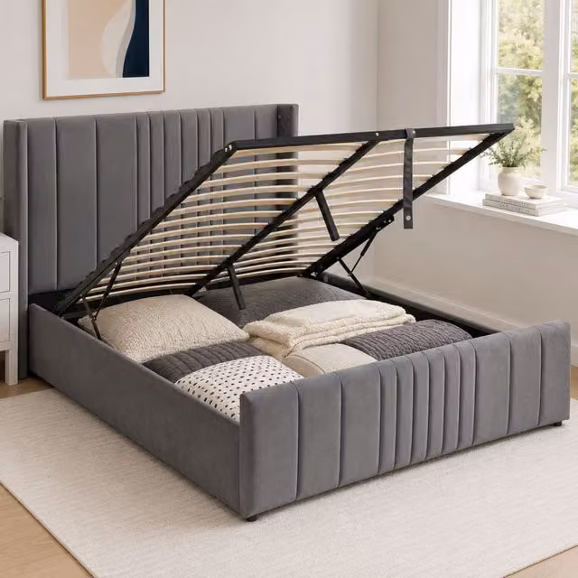 Groundlevel Langford Velvet Upholstered Ottoman Storage Bed in Grey, W/D/H: 140 x 200 cm – 1