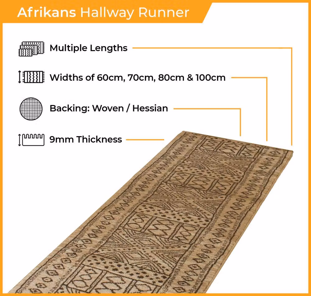 runrug Afrikans Hallway Carpet Runner Rug in Light Beige, W: 100 cm, L: 300 cm – 2