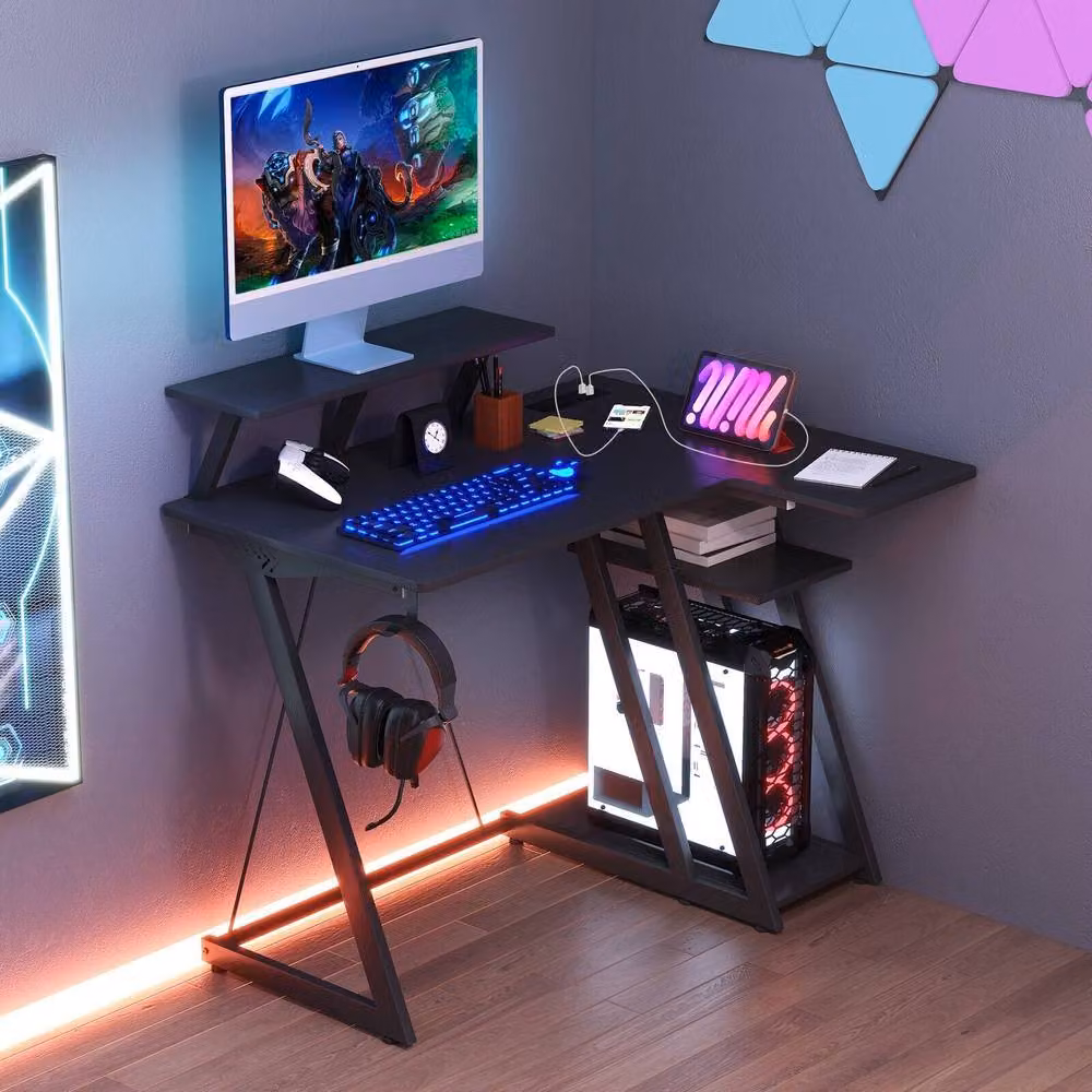 Costway L-Shaped Gaming Desk with Monitor Shelf and Outlets in Black – 3
