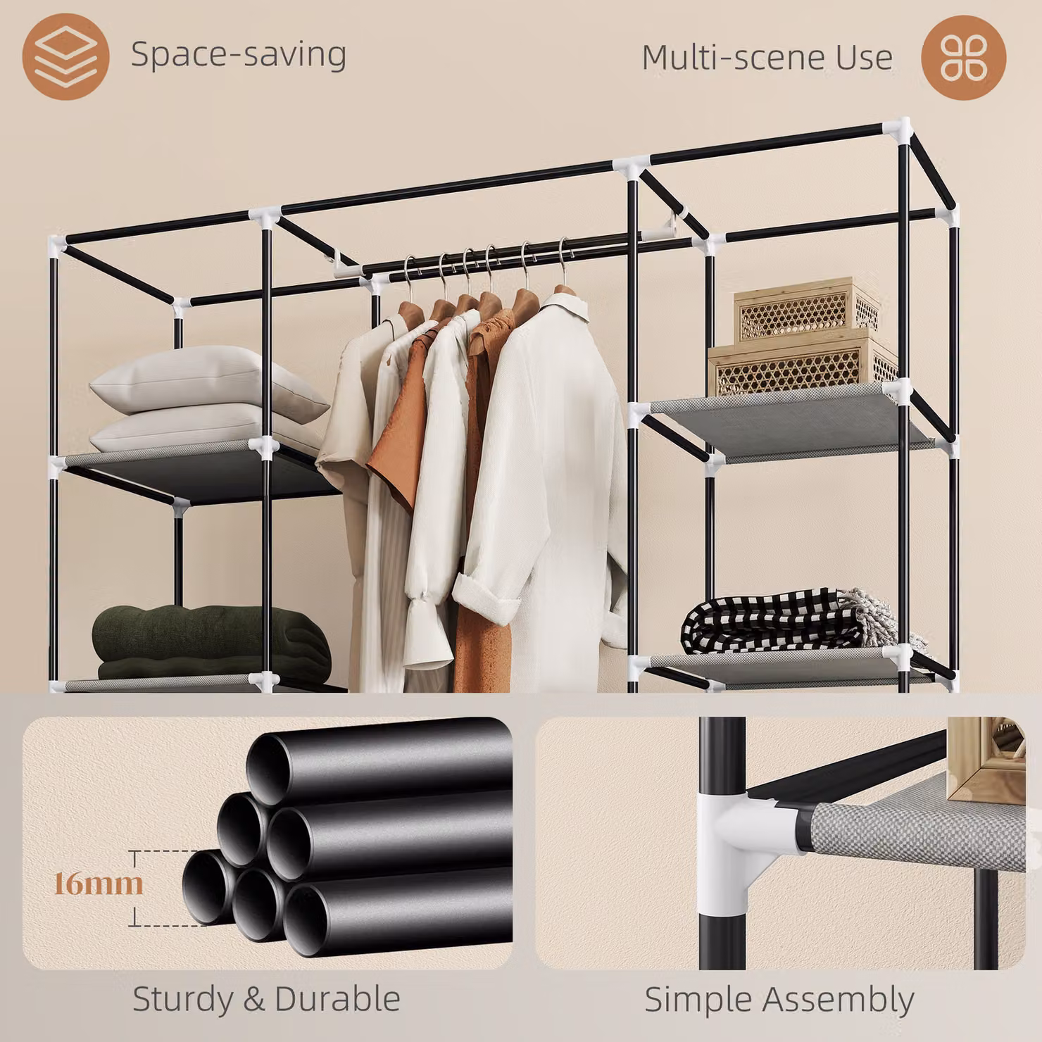 HOMCOM Foldable Fabric Clothes Storage Organiser with Hanging Rail and Shelves, Grey, H: 162.5 cm x W: 150.0 cm x D: 3.3 cm – 4