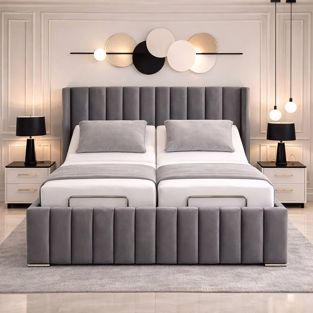 Paradise Beds Ltd Manhattan Wingback Adjustable Mobility Bed with Mattress and Headboard in Beige Velvet, Super King Size – 1
