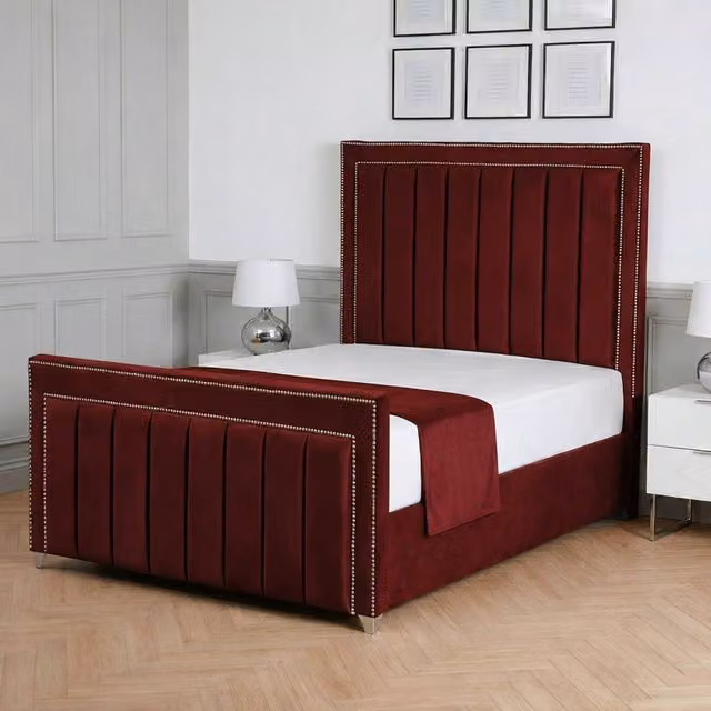 Living Comfort Bedz Royale Plush Velvet Upholstered Bed with Slatted Base and 48 Inch Headboard in Maroon, Size: Double (W/D/H: 140 x 200 cm)