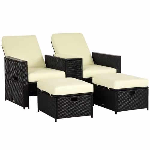 Outsunny 5-Piece PE Rattan Sun Lounger Set with Adjustable Headrest and Side Tray, Black – 1