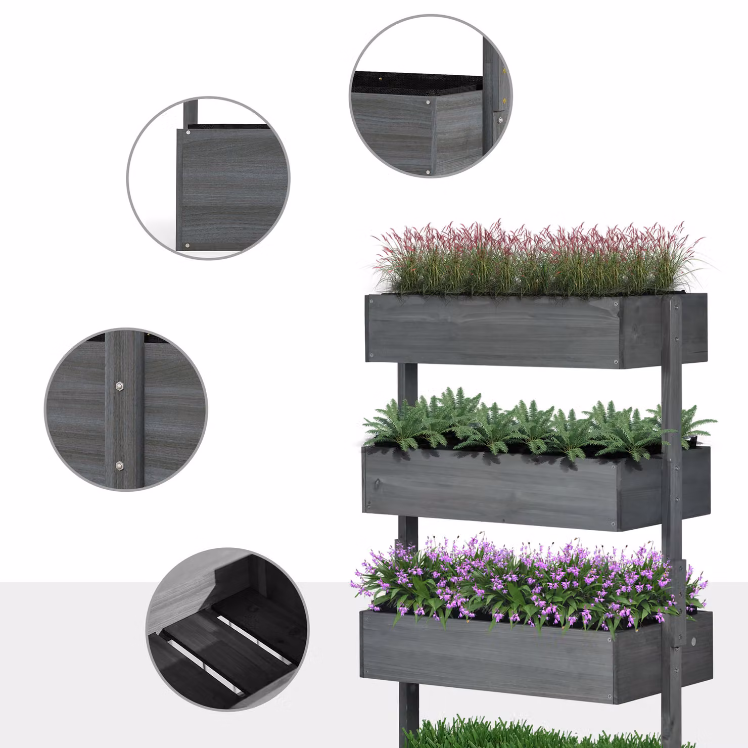 Outsunny 4-Tier Wooden Raised Bed Planter, Grey, H x W x D: 142 x 80 x 45 cm – 6