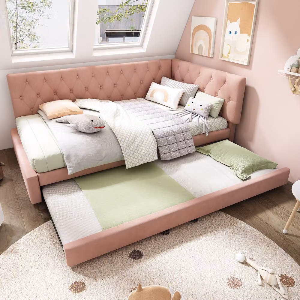 ModernLuxe Pink Velvet Upholstered Single Daybed with Pull Out Trundle Bed, W/D/H: 190 x 90 x 105 cm – 5