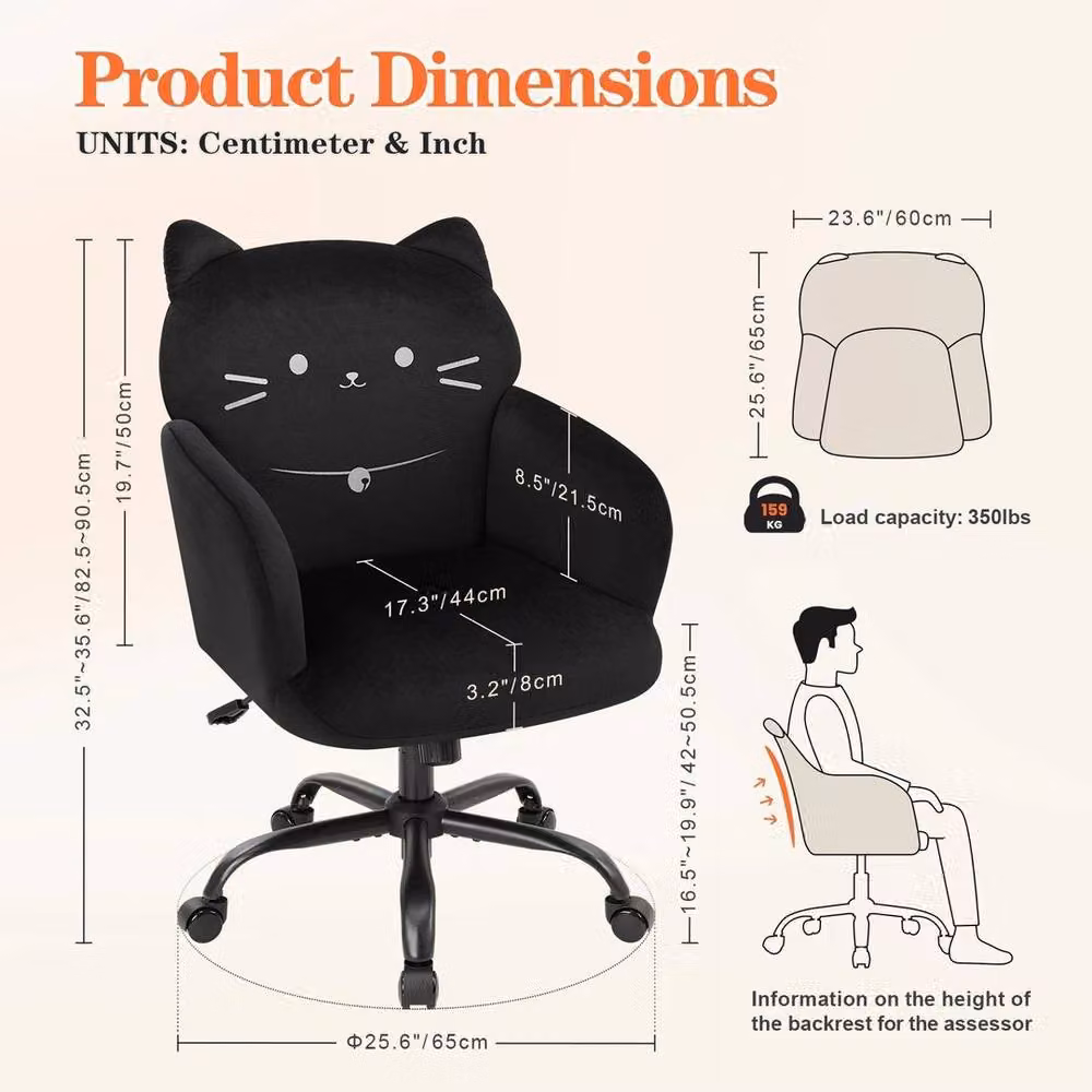 FORGEVIO Black Ergonomic Cat Accent Chair with 360 Degree Swivel and Fabric Upholstery – 2