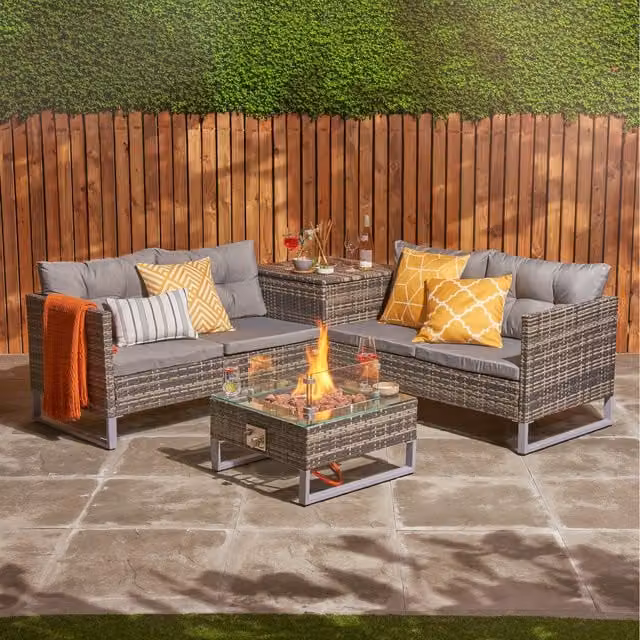 Home Treats Grey Rattan L-Shape Garden Firepit Furniture Set with Upholstered Cushions and Coffee Table