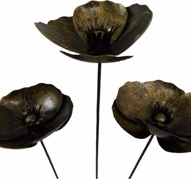 Set of 3 Gold Metal Poppies on 100cm Stick
