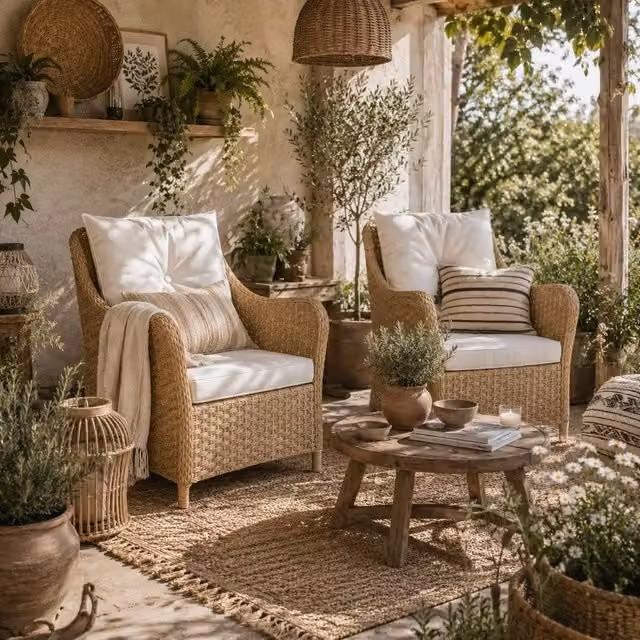 Wyld Haus Rera Beige Rattan Outdoor Armchairs with High Back and Cushions, Set of 2