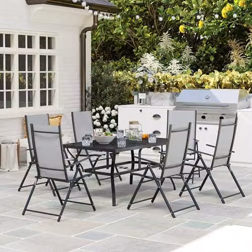 Outsunny 7 Piece Grey Garden Dining Set with Metal Top Table and Armchairs – 4