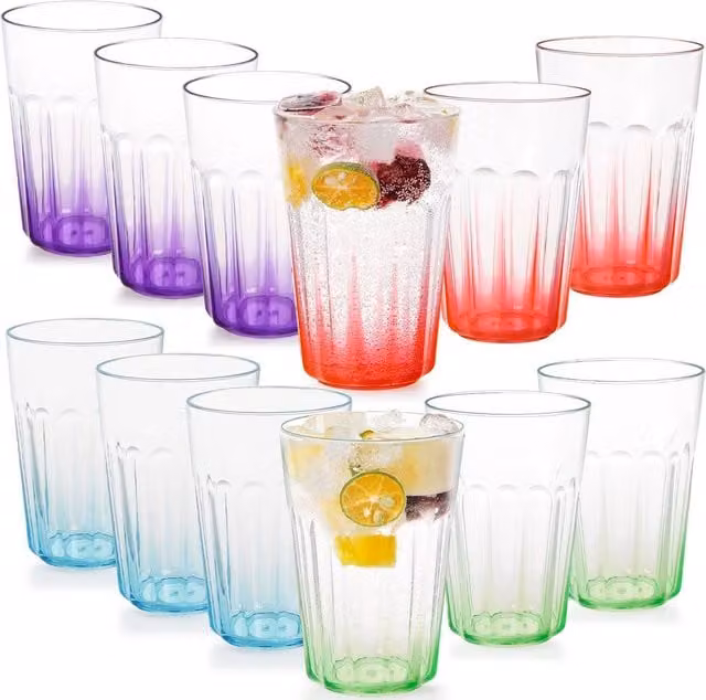 Greentainer Set of 12 Multicolour Reusable Plastic Tumbler Drinking Glasses, 350ml