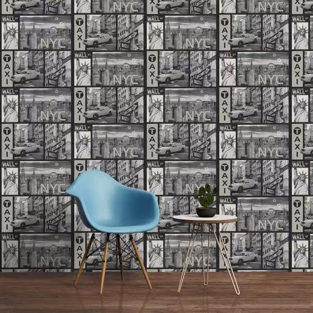 A.S. Création New York Taxi Streets Textured Blown Vinyl Wallpaper in Black, White, Yellow and Grey