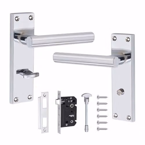 Golden Grace Long Backplate T-Bar Bathroom Door Handle Set in Polished Chrome
