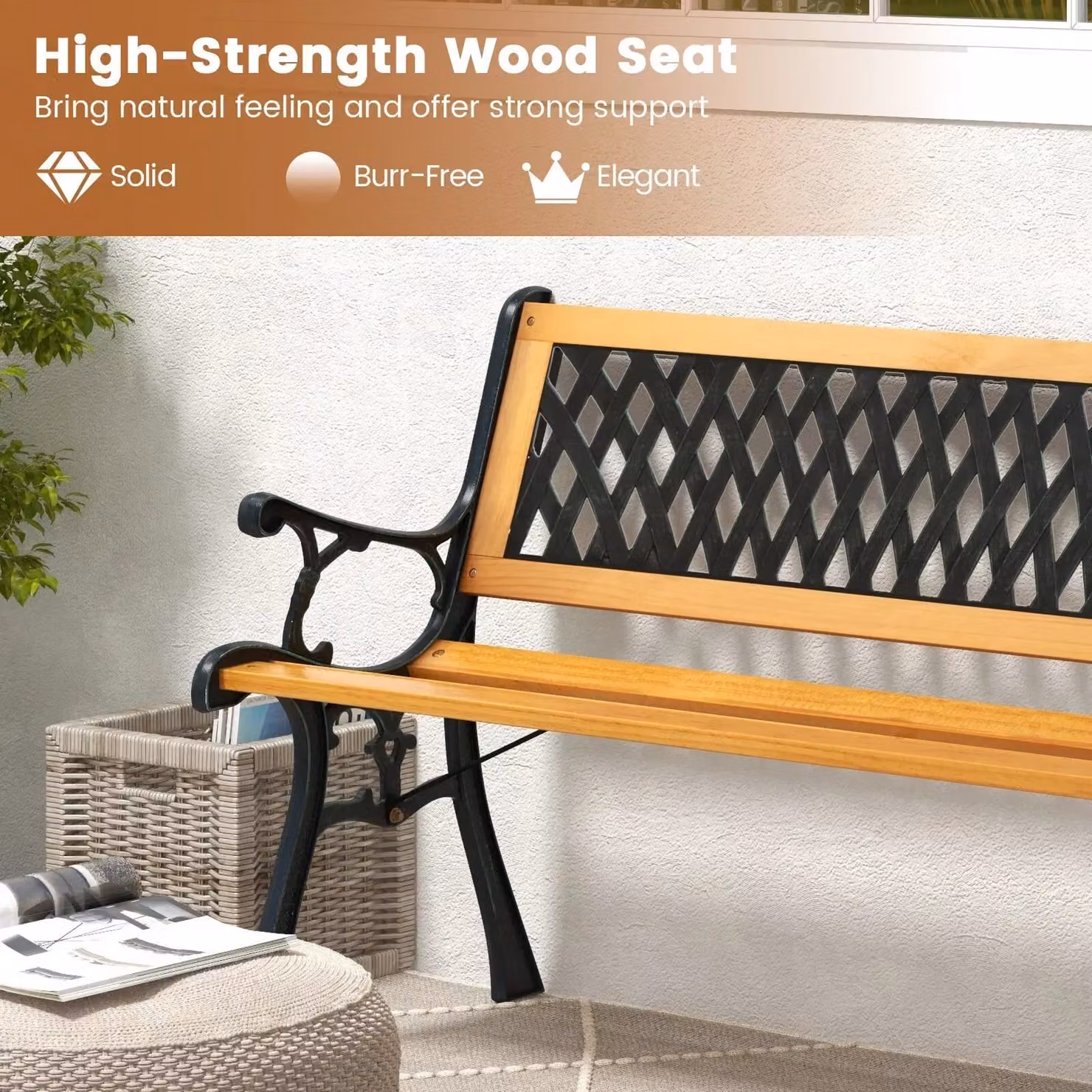 Costway Black Outdoor Garden Bench Loveseat with Wood Slats and Metal Frame – 5