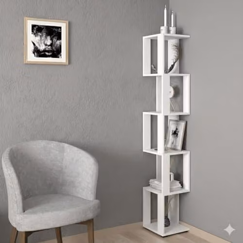 Shefa Line 5 Tier Corner Bookshelf, White Freestanding Slim Cube Storage Unit, Height: 168 cm – 3