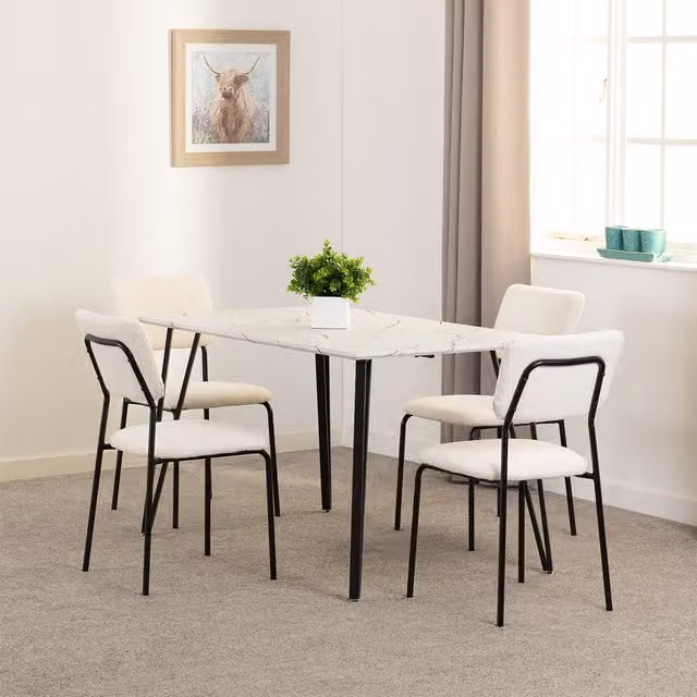 Seconique Marlow and Sheldon Modern Rectangular Dining Set with White Marble Effect Table and Ivory Boucle Chairs
