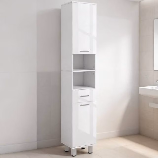 ERGOVEXA Tall Slim White Glossy Bathroom Storage Cabinet with 2 Hinged Doors and Open Shelves – 1