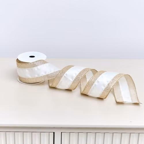 Melody Maison Large Gold, Ivory and Pink Iridescent Wired Ribbon Christmas Garland, 270 cm